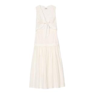 SANDRO春夏女装法式气质V领花边领蝴蝶结系带假两件白色A字连衣裙