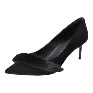 DFuse迪芙斯气质尖头细跟高跟鞋女水貂毛晚宴浅口单鞋DF33111127