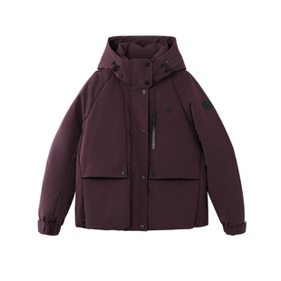 ELLE Active气质老钱短款连帽羽绒服酒红色高级秋冬保暖外套宽松