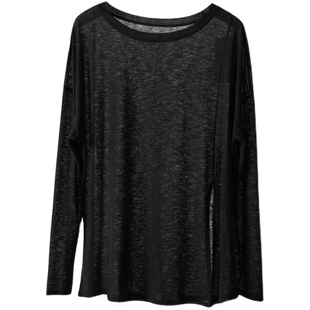 健身系列 女士长袖T恤薄款竹节纱瑜伽罩衫开叉上衣春秋款女装