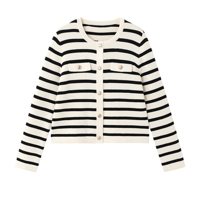 全棉时代针织衫女士棉线衫外套长袖修身条纹毛衣显瘦棉线衣温柔