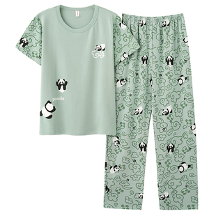 夏季情侣睡衣女透气棉质短袖长裤夏天男青少年宽松卡通家居服套装