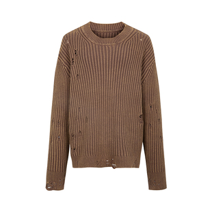 Cozydoll砂洗棕复古废土风手工破坏慵懒风宽松落肩针织毛衣