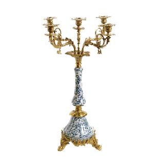 欧式复古宫廷奢华5头陶瓷纯铜饰烛台 别墅样板房饰品家居软装摆件