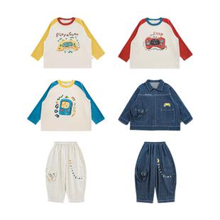 幼悠男童2026春季长袖撞色T恤时尚宽松牛仔外套游戏手柄系列套装