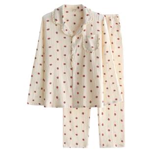 花边甜美小草莓睡衣女士春秋夏季纯棉纱布薄款宽松长袖家居服套装