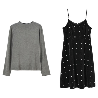 胖mm法式显瘦丝绒吊带裙两件套