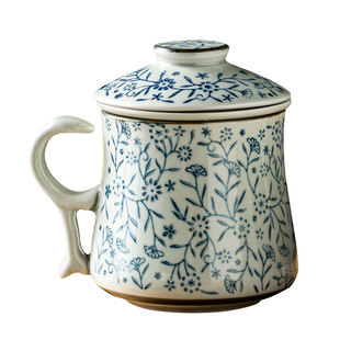 中式青花茶杯陶瓷家用杯子茶水分离泡茶水杯咖啡杯带盖复古釉下彩