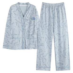 芬腾可安长袖睡衣秋女款2026新款秋春季纯棉带胸垫蓝家居服秋冬天