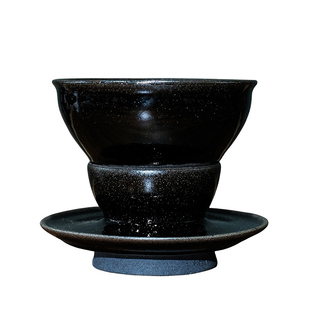 宋研 | 吴小明龙窑柴烧点茶盏 手工柴窑乌金釉大束口建盏天目台