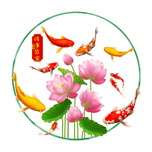 荷花锦鲤门贴 玻璃贴纸厨房门窗装饰贴画 中式风水贴静电无胶