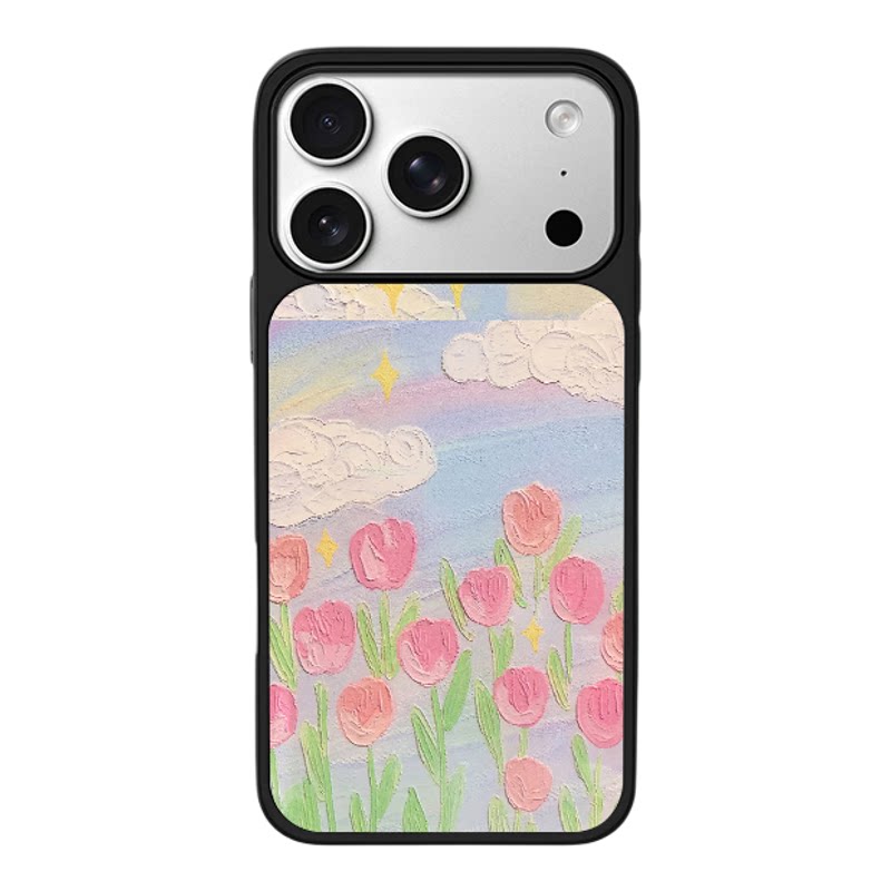 手绘郁金香创意适用于苹果17promax新款手机壳iPhone air/16pro/15plus14玻璃13pro小众手机套12男女冰感肤感