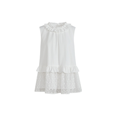 双层木耳边圆领白色上衣女