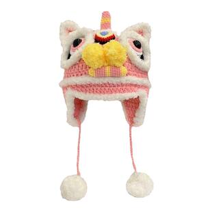 过新年毛茸茸儿童保暖防风醒狮帽粗针织毛线护耳虎头狮子头帽子女