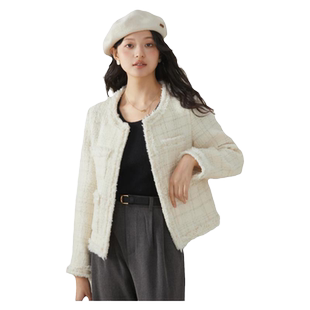 one more文墨秋季新款气质格纹小香风毛衣外套女高级感针织衫短款