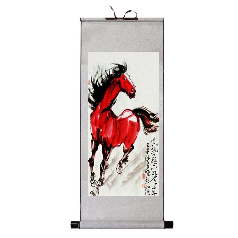 红马丝绸画汗血宝马国画客厅马到成功壁画餐厅中式装饰挂画卷轴画
