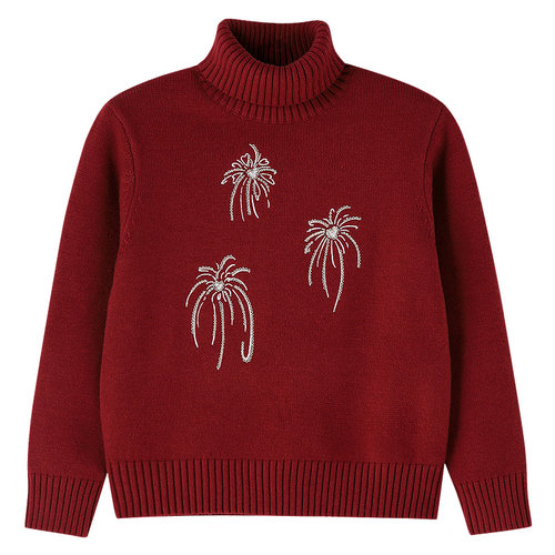 安奈儿童装女童高翻领长袖毛衣针织衫2025冬新款保暖绣花弹力宽松