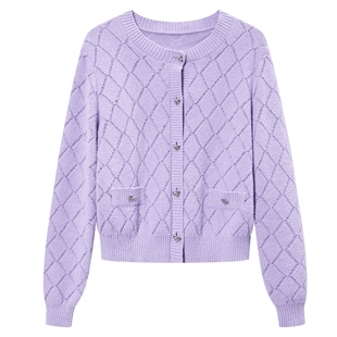 NEELLY纳俪商场同款秋季针织开衫套装女紫色圆领爱心纽扣吊带背心