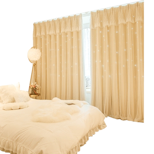 窗帘2026新款镂空星星网红星空布飘窗女生卧室公主风双层带纱遮光