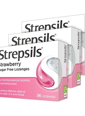 Strepsils使立消缓解喉咙痛刀片嗓含片无糖草莓味嗓子润喉糖*3盒