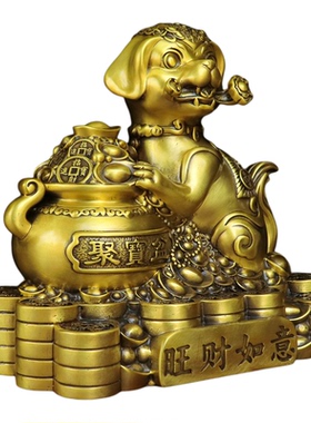 纯铜旺财如意聚宝盆铜狗家居摆件