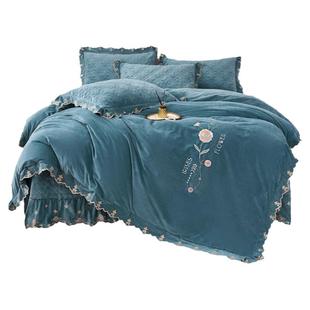 婴儿绒花边绣花夹棉床盖四件套双面加厚牛奶绒加棉床罩保暖被套冬