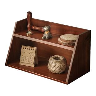 桌面化妆品收纳盒木质双层复古桌上杯子置物架实木办公室收纳神器