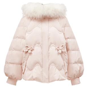 Vero Moda羽绒服2025冬新款毛领马卡龙宽松短款白鸭绒粉色面包服