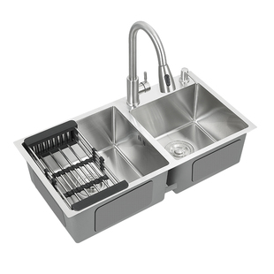 德国银色水槽双槽洗菜盆厨房水槽加厚304不锈钢手工洗碗池套装
