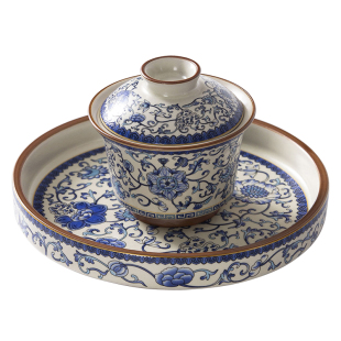 马蹄盖碗茶杯青花泡茶陶瓷功夫茶具汝瓷悬停汝窑三才单个茶盏壶承