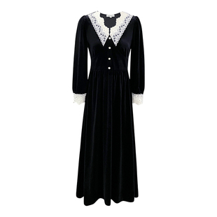 AM NANA法式复古黑色丝绒连衣裙女赫本风收腰显瘦仙女裙气质长裙