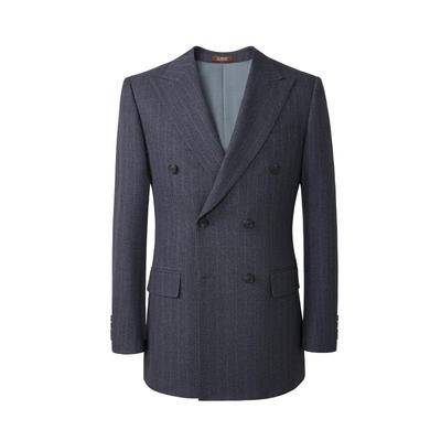 吉约蒙双排扣西装男套装条纹青灰色高级商务正装西服新郎结婚礼服