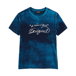 Desigual26春夏新品签字体印花斑驳蓝色圆领短袖女式T恤