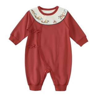 宝宝满月衣服红色喜庆新年服国风百天婴儿纯棉春秋季新生儿连体衣