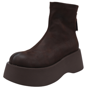 红粉知己2025冬复古百搭厚底增高6.5CM小个子弹力靴女短靴瘦瘦靴