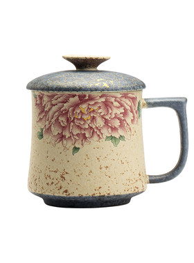 牡丹花青花火石红办公杯泡茶杯