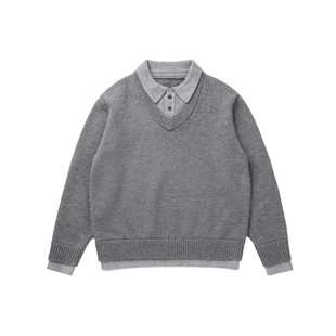 VMCL老钱风假两件深V领灰色厚款翻领毛衣针织衫男25AW vermicelli