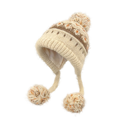 显脸小民族风提花球球护耳帽