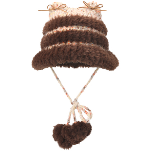 畹町猫耳朵针织帽子女冬季保暖甜美少女花纱蝴蝶结条纹护耳毛线帽