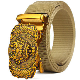 无牙自动扣男士腰带龙头皮带男中青年尼龙帆布裤带布料复古休闲潮