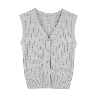 pusumede V领麻花针织马甲背心女夏季薄款开衫修身坎肩无袖上衣