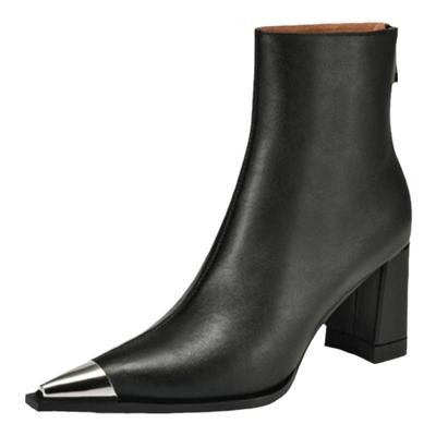 手工欧美时尚真皮短靴女单靴金属包头尖头粗高跟气质奶茶色3340码