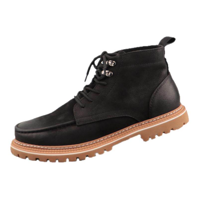 牛皮革圆头拼色低跟工装靴马丁靴