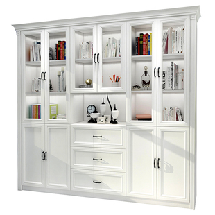 玻璃门书柜落地带门简欧两门三门立式整体大书橱定制储物柜F-209