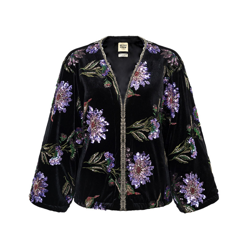 Bettychow 新中式 国风紫色刺绣珠片黑丝绒拜年棉服时髦新年外套
