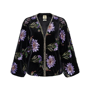 Bettychow 新中式 国风紫色刺绣珠片黑丝绒拜年棉服时髦新年外套