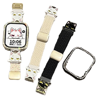 适用于苹果手表s10表带iwatch s11招吉猫apple watch编织尼龙ultra3女高级s8秋冬series保护壳XL运动智能腕带