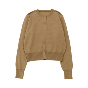 KNgs 秋季复古风简约纯色高级感圆领薄款针织衫开衫外套女上衣