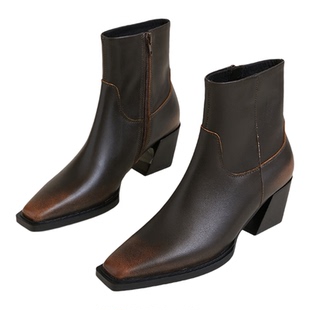 割草机老k savi同款渐变擦色短靴女靴子中筒靴中跟复古侧拉链秋冬