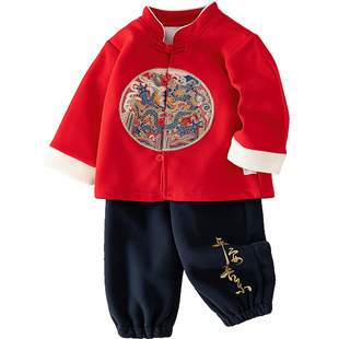 婴儿秋冬中国风套装冬季儿童唐装男童红色拜年服汉服宝宝周岁礼服